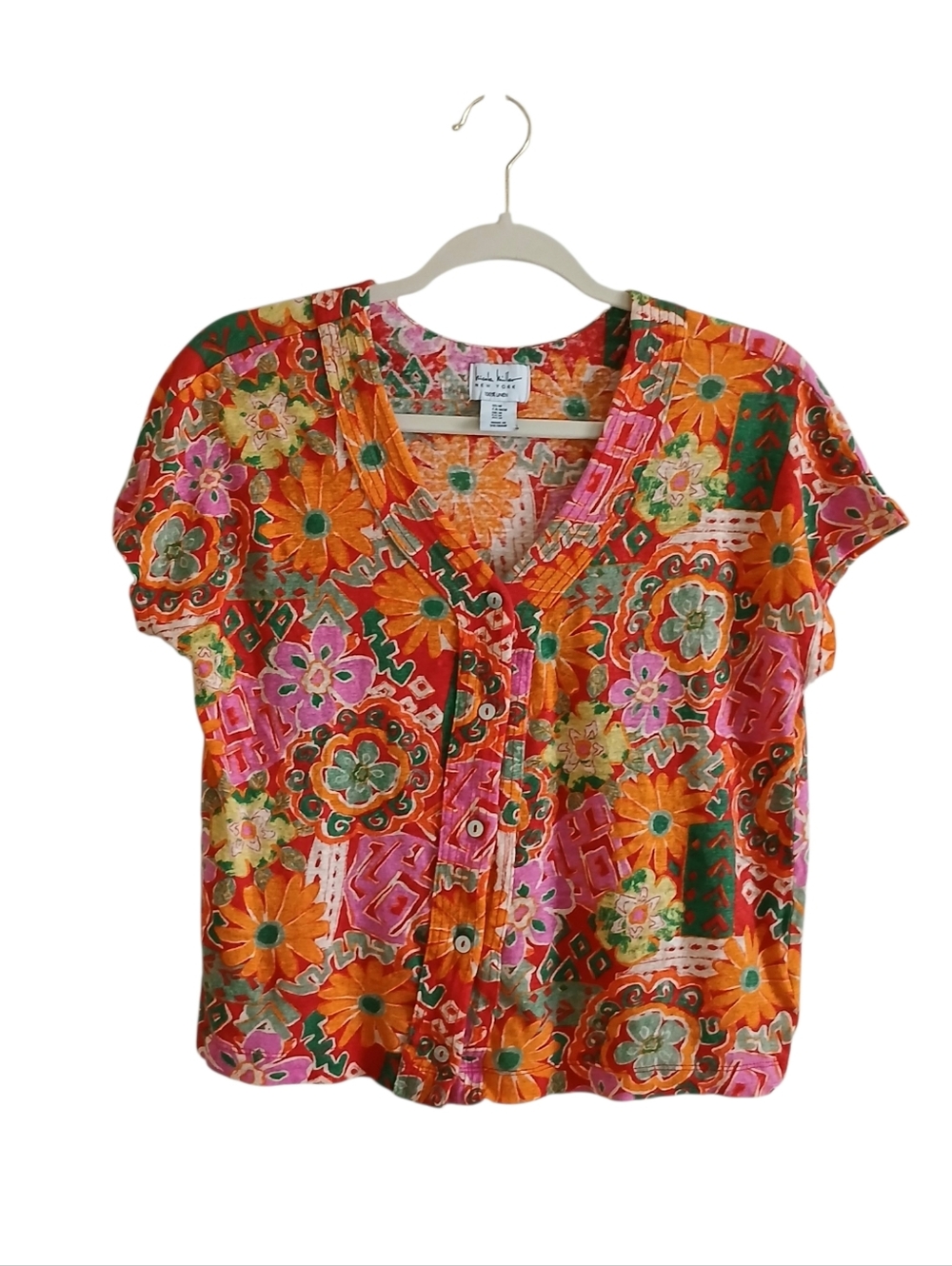 NICOLE MILLER 100% Linen Boxy Top Women's M Colorful Retro Button Up Flower Vaca